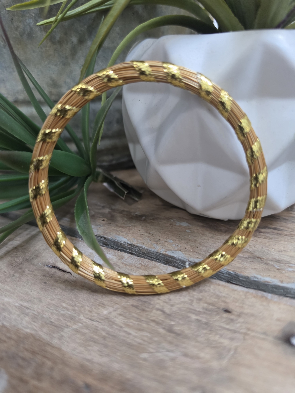 Vintage Rattan Wrapped Bangle Bracelet Gold Metallic Woven Boho Natural Fiber